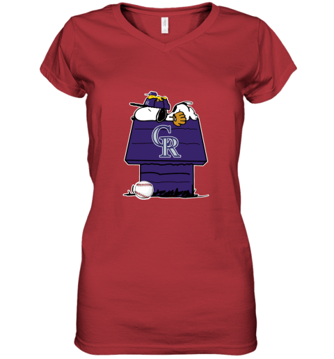 Colorado Rockies Snoopy And Woodstock Resting Together MLB Women's V-Neck T-Shirt