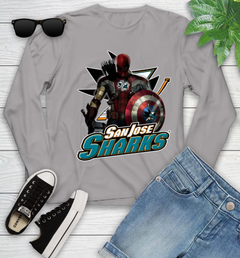 NHL Captain America Thor Spider Man Hawkeye Avengers Endgame Hockey San Jose Sharks Youth Long Sleeve 5