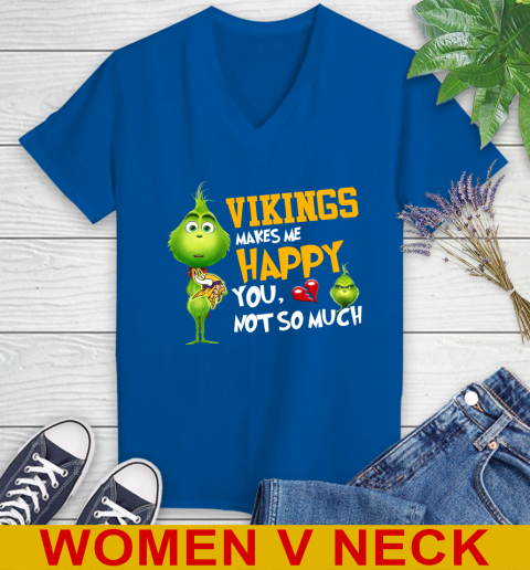 NFL Minnesota Vikings Makes Me Happy You Not So Much Grinch Football Sports Women's V-Neck T-Shirt 9