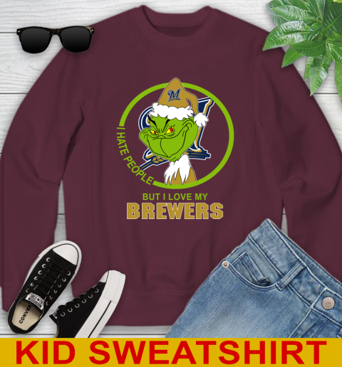 Milwaukee Brewers MLB Christmas Grinch I Hate People But I Love My Favorite Baseball Team Youth Sweatshirt 5