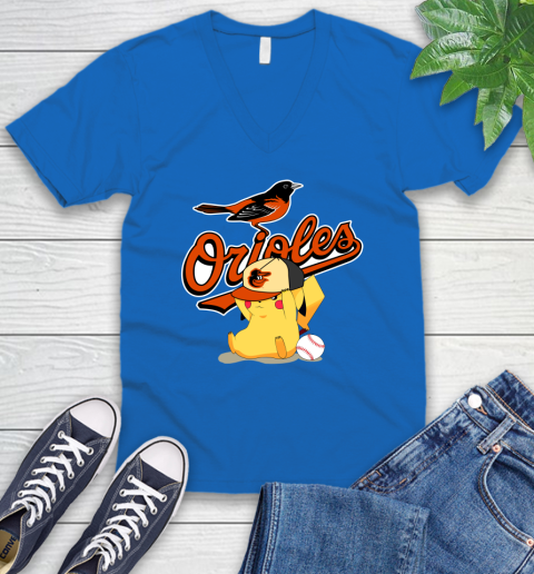 MLB Pikachu Baseball Sports Baltimore Orioles V-Neck T-Shirt 6
