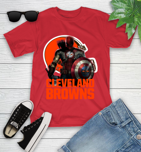 NFL Captain America Thor Spider Man Hawkeye Avengers Endgame Football Cleveland Browns Youth T-Shirt 10