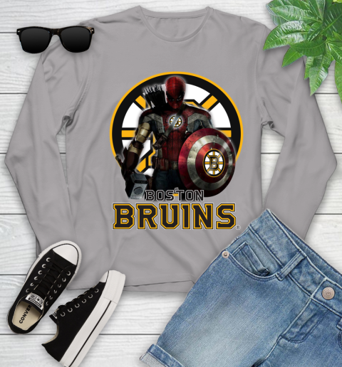 NHL Captain America Thor Spider Man Hawkeye Avengers Endgame Hockey Boston Bruins Youth Long Sleeve 5
