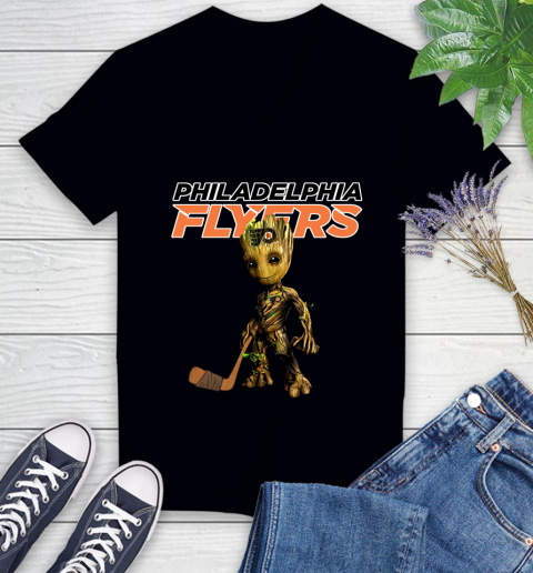Philadelphia Flyers NHL Hockey Groot Marvel Guardians Of The Galaxy Women's V-Neck T-Shirt 2
