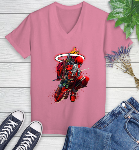 NBA Deadpool Marvel Comics Sports Basketball Miami Heat Women's V-Neck T-Shirt 13