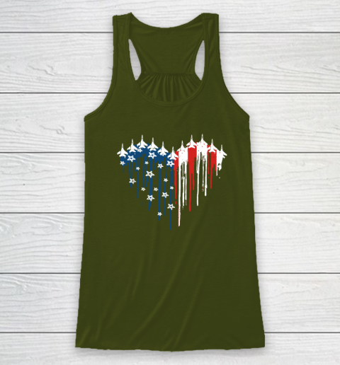 Retro Fighter Jet Airplane American Flag Heart 4th Of July Racerback Tank 2