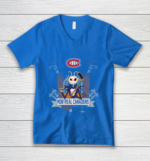 NHL Montreal Canadiens Hockey Jack Skellington Halloween V-Neck T-Shirt 5