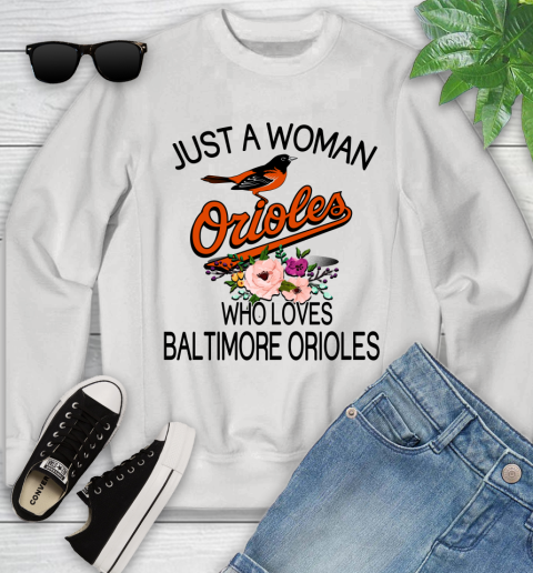MLB Just A Woman Who Loves Baltimore Orioles Baseball Sports Youth Sweatshirt
