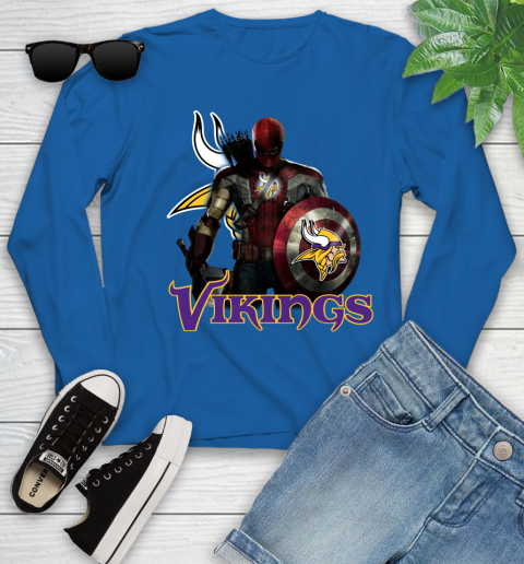 NFL Captain America Thor Spider Man Hawkeye Avengers Endgame Football Minnesota Vikings Youth Long Sleeve 9