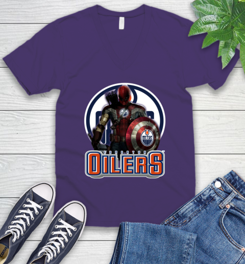 NHL Captain America Thor Spider Man Hawkeye Avengers Endgame Hockey Edmonton Oilers V-Neck T-Shirt 10