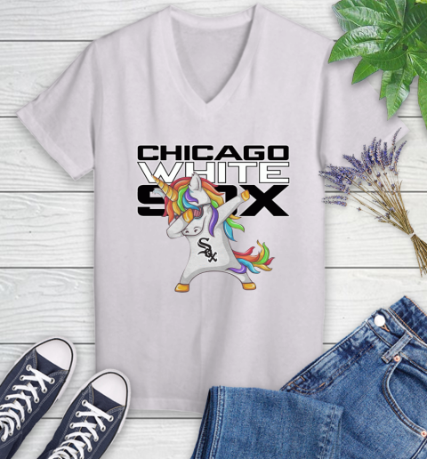 Chicago White Sox MLB Baseball Funny Unicorn Dabbing Sports Women's V-Neck T-Shirt