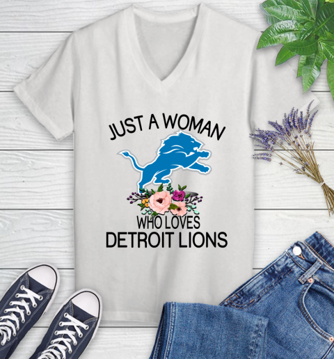 NFL Just A Woman Who Loves Detroit Lions Football Sports Women's V-Neck T-Shirt