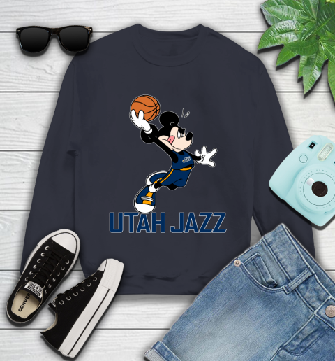 NBA Basketball Utah Jazz Cheerful Mickey Mouse Shirt Youth Sweatshirt 3