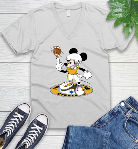 NFL Football Pittsburgh Steelers Cheerful Mickey Disney Shirt V-Neck T-Shirt 2