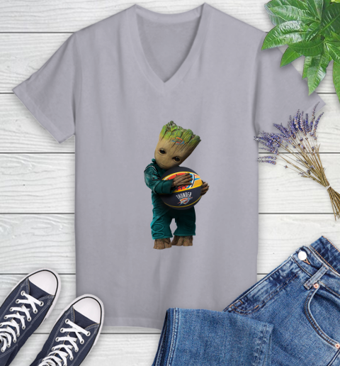 NBA Groot Guardians Of The Galaxy Basketball Sports Oklahoma City Thunder Women's V-Neck T-Shirt 4