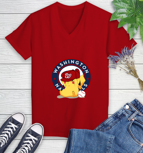 MLB Pikachu Baseball Sports Washington Nationals Women's V-Neck T-Shirt 12