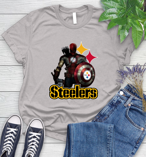 NFL Captain America Thor Spider Man Hawkeye Avengers Endgame Football Pittsburgh Steelers Women's T-Shirt 10