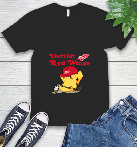 NHL Pikachu Hockey Sports Detroit Red Wings V-Neck T-Shirt 2