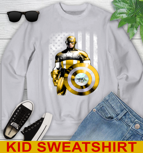 Nashville Predators NHL Hockey Captain America Marvel Avengers American Flag Shirt Youth Sweatshirt - Image 4