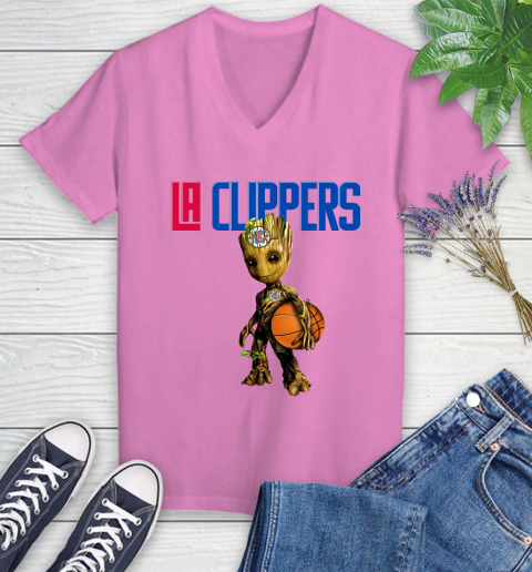 LA Clippers NBA Basketball Groot Marvel Guardians Of The Galaxy Women's V-Neck T-Shirt 14