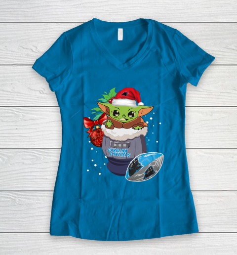 Carolina Panthers Christmas Baby Yoda Star Wars Funny Happy NFL Women's V-Neck T-Shirt 7