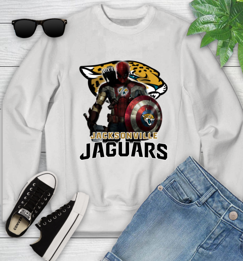 NFL Captain America Thor Spider Man Hawkeye Avengers Endgame Football Jacksonville Jaguars Youth Sweatshirt