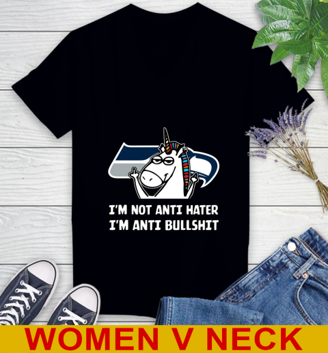 Seattle Seahawks NFL Football Unicorn I'm Not Anti Hater I'm Anti Bullshit Women's V-Neck T-Shirt 2