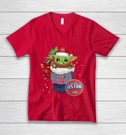 Detroit Pistons Christmas Baby Yoda Star Wars Funny Happy NBA V-Neck T-Shirt 7