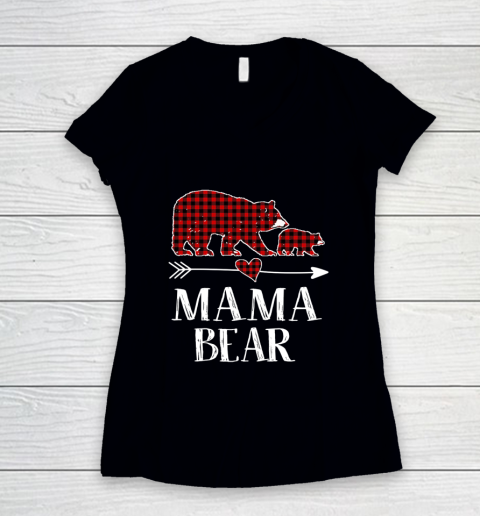 Mama Bear Christmas Pajama Red Plaid Buffalo Family Gift Women's V-Neck T-Shirt