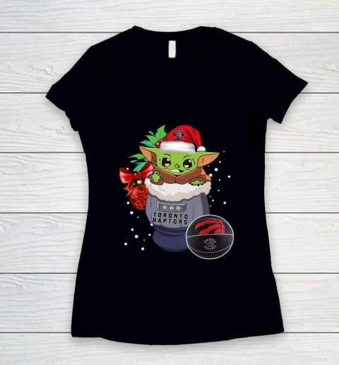 Toronto Raptors Christmas Baby Yoda Star Wars Funny Happy NBA Women's V-Neck T-Shirt