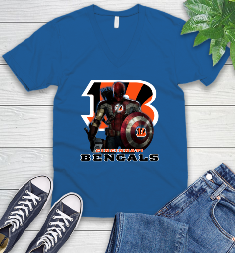 NFL Captain America Thor Spider Man Hawkeye Avengers Endgame Football Cincinnati Bengals V-Neck T-Shirt 6