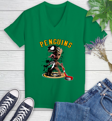 NHL Pittsburgh Penguins Hockey Venom Groot Guardians Of The Galaxy Women's V-Neck T-Shirt 5