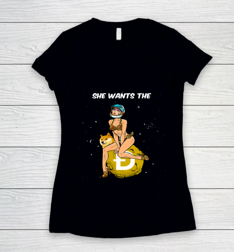 Cryptocurrency She Wants The Dogecoin Doge Crypto Moon Women's V-Neck T-Shirt