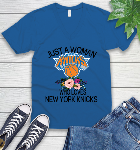 NBA Just A Woman Who Loves New York Knicks Basketball Sports V-Neck T-Shirt 3