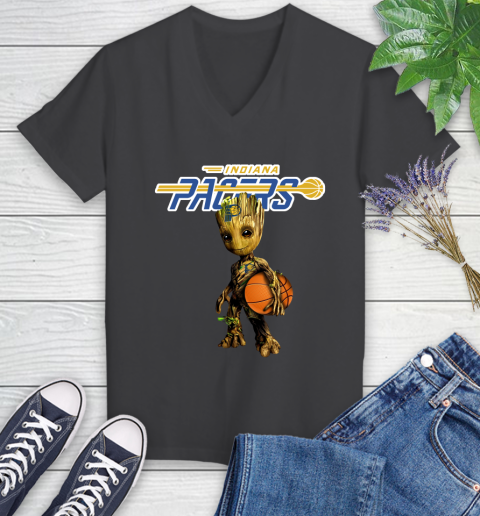 Indiana Pacers NBA Basketball Groot Marvel Guardians Of The Galaxy Women's V-Neck T-Shirt 8
