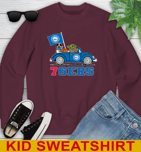 NBA Basketball Philadelphia 76ers Darth Vader Baby Yoda Driving Star Wars Shirt Youth Sweatshirt 5
