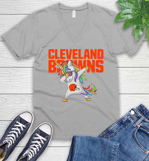 Cleveland Browns NFL Football Funny Unicorn Dabbing Sports V-Neck T-Shirt 4