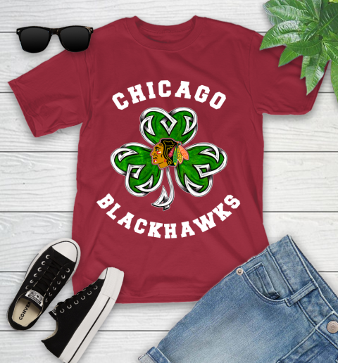 NHL Chicago Blackhawks Three Leaf Clover St Patrick's Day Hockey Sports Youth T-Shirt 14
