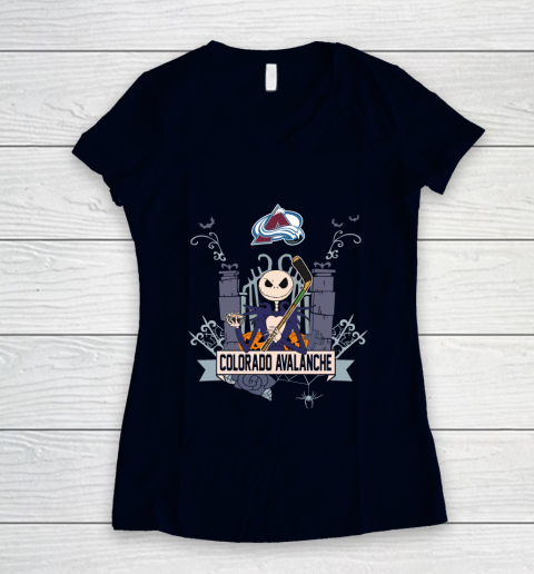 NHL Colorado Avalanche Hockey Jack Skellington Halloween Women's V-Neck T-Shirt 2