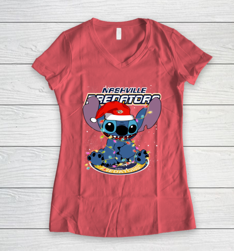Nashville Predators NHL Hockey noel stitch Christmas Women's V-Neck T-Shirt 3
