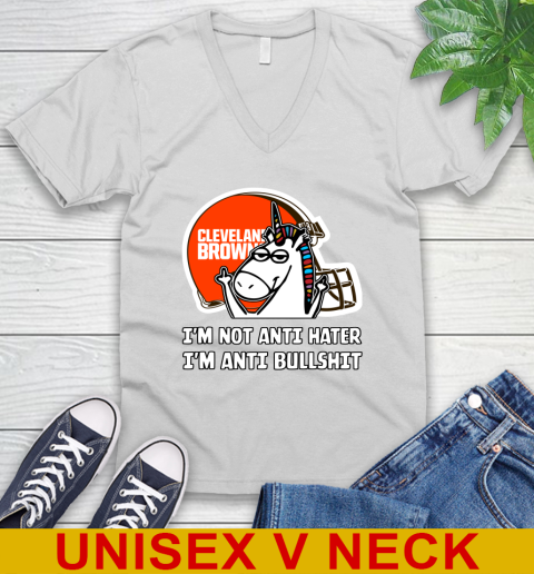 Cleveland Browns NFL Football Unicorn I'm Not Anti Hater I'm Anti Bullshit V-Neck T-Shirt