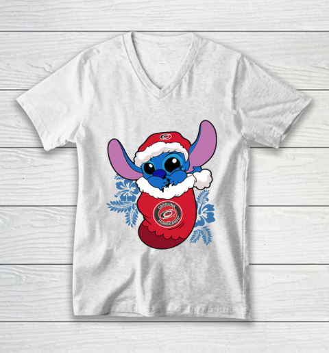 Carolina Hurricanes Christmas Stitch In The Sock Funny Disney NHL V-Neck T-Shirt 2