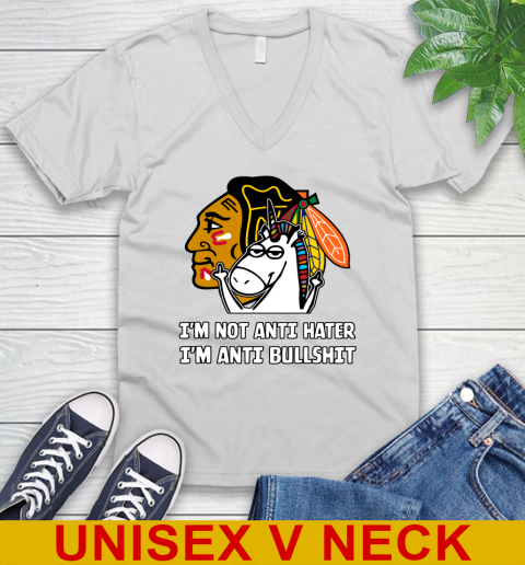 Chicago Blackhawks NHL Hockey Unicorn I'm Not Anti Hater I'm Anti Bullshit V-Neck T-Shirt