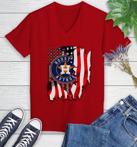 Houston Astros MLB Baseball American Flag Women's V-Neck T-Shirt 11