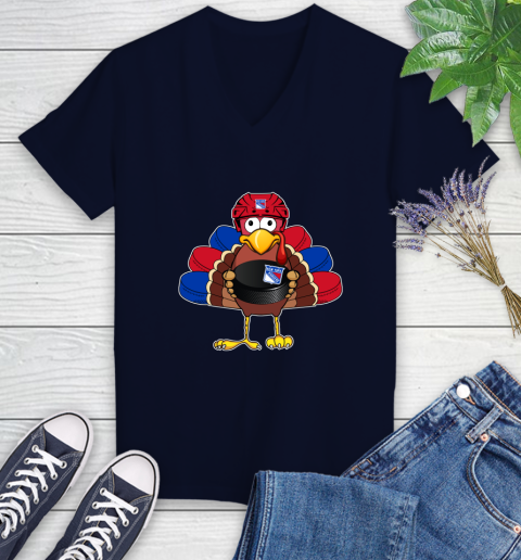 New York Rangers Turkey Thanksgiving Day Women's V-Neck T-Shirt 3