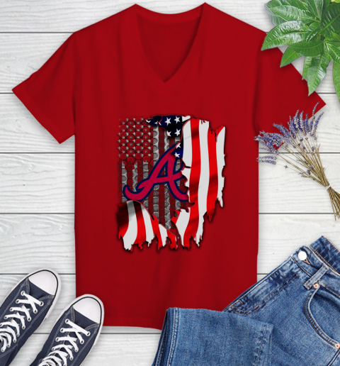Atlanta Braves MLB Baseball American Flag Women's V-Neck T-Shirt 11