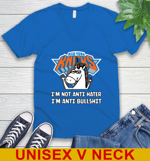 New York Knicks NBA Basketball Unicorn I'm Not Anti Hater I'm Anti Bullshit V-Neck T-Shirt 6