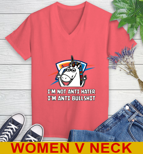 Oklahoma City Thunder NBA Basketball Unicorn I'm Not Anti Hater I'm Anti Bullshit Women's V-Neck T-Shirt 7