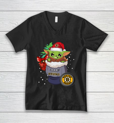 Boston Bruins Christmas Baby Yoda Star Wars Funny Happy NHL V-Neck T-Shirt