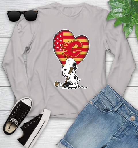 Calgary Flames NHL Hockey The Peanuts Movie Adorable Snoopy Youth Long Sleeve 12